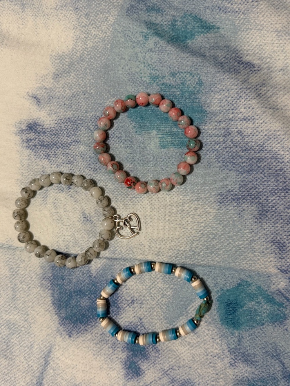 Pink Beaded Stretch Bracelet with Heart Accent - Women's Jewelry